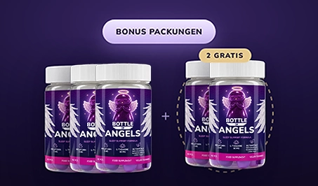Bottle of Angels Schlafgummis in violetten Flaschen, Produktabbildung mit Bonus-Paketen
